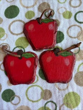 Handpainted Red Apple Hanging Wall Ornament. Decor- Set of 3